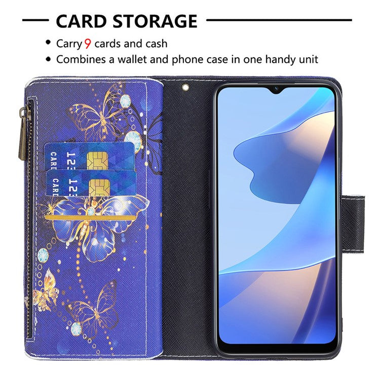 Pattern Printing PU Leather Wallet Shockproof Flip Cover Zipper Pocket Case with Stand and Strap for Oppo A16/A16s/A54s - Purple Butterfly
