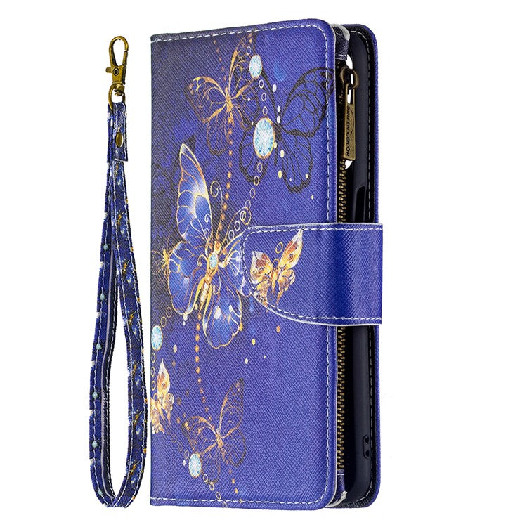Pattern Printing PU Leather Wallet Shockproof Flip Cover Zipper Pocket Case with Stand and Strap for Oppo A16/A16s/A54s - Purple Butterfly