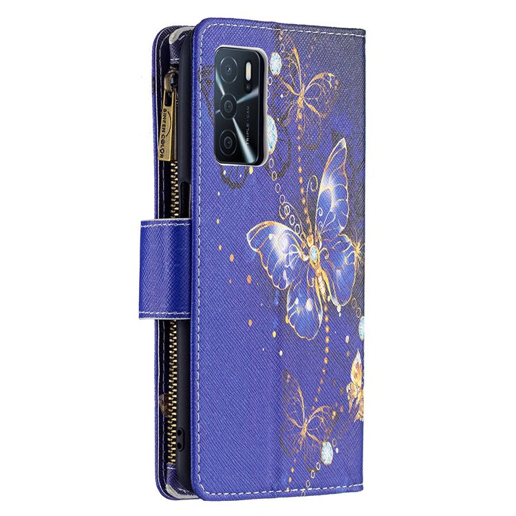 Pattern Printing PU Leather Wallet Shockproof Flip Cover Zipper Pocket Case with Stand and Strap for Oppo A16/A16s/A54s - Purple Butterfly
