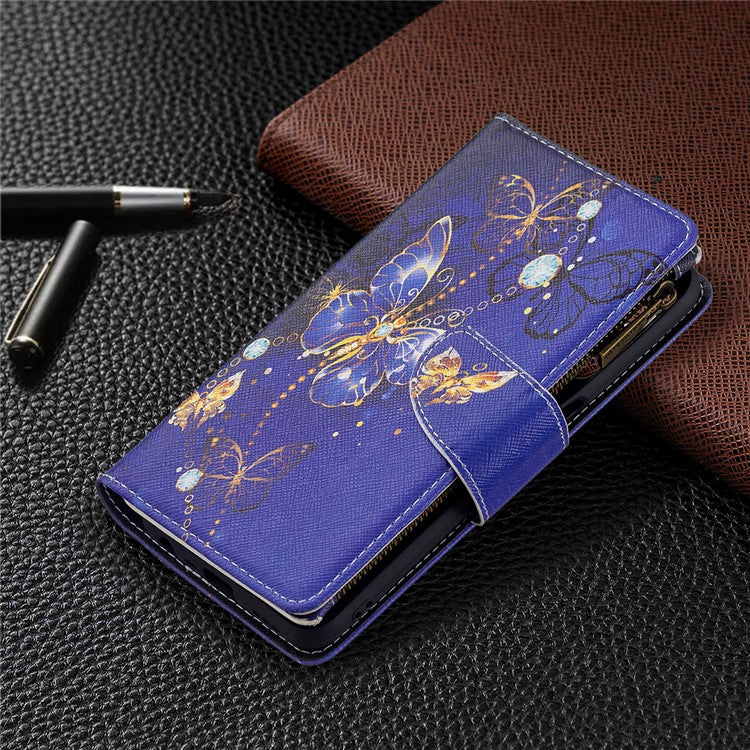 Pattern Printing PU Leather Wallet Shockproof Flip Cover Zipper Pocket Case with Stand and Strap for Oppo A16/A16s/A54s - Purple Butterfly