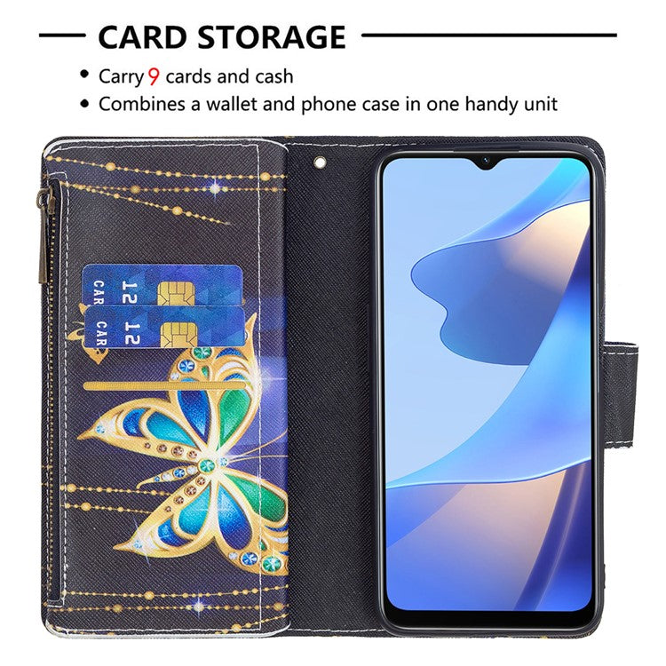 Pattern Printing PU Leather Wallet Shockproof Flip Cover Zipper Pocket Case with Stand and Strap for Oppo A16/A16s/A54s - Jewelry Butterfly