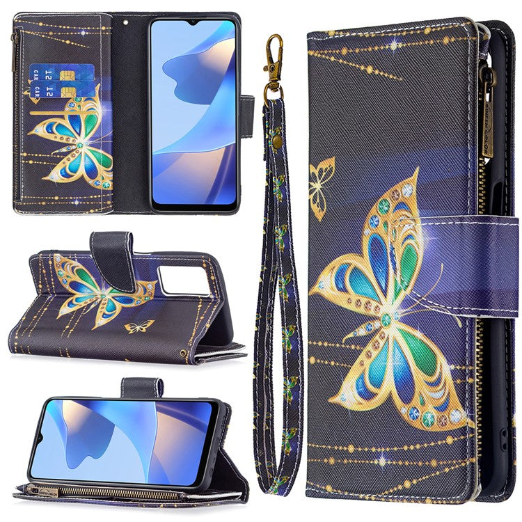 Pattern Printing PU Leather Wallet Shockproof Flip Cover Zipper Pocket Case with Stand and Strap for Oppo A16/A16s/A54s - Jewelry Butterfly