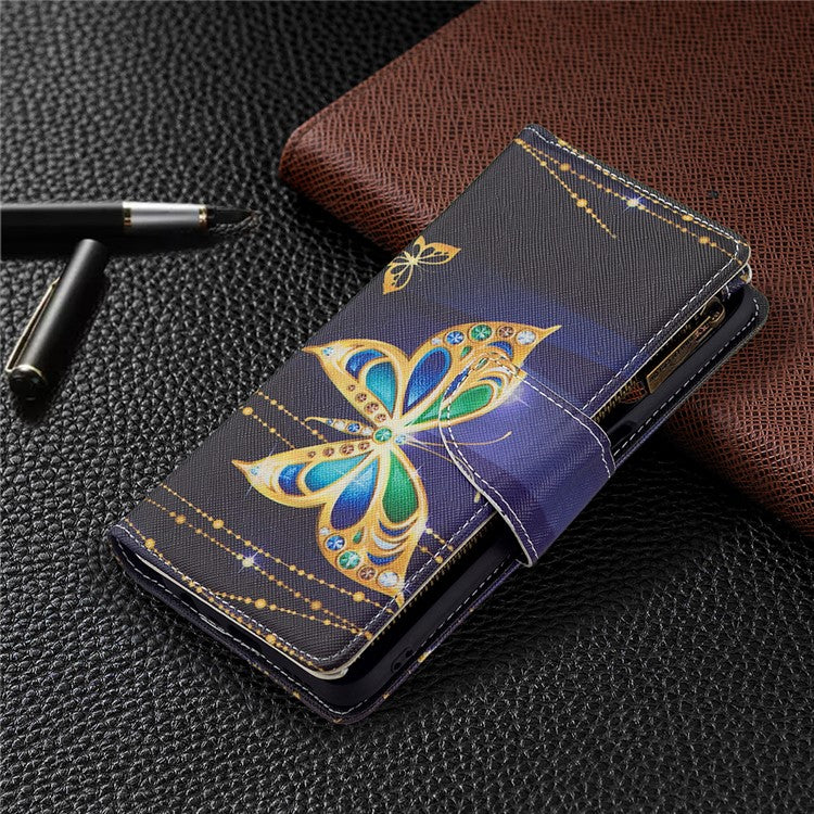 Pattern Printing PU Leather Wallet Shockproof Flip Cover Zipper Pocket Case with Stand and Strap for Oppo A16/A16s/A54s - Jewelry Butterfly