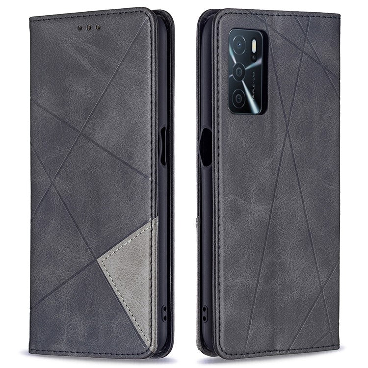 Magnetic Closure Card Holder Vintage Rhombus-Like Imprinting Drop-proof Leather Stand Protective Case for Oppo A16 / A16s / A54s - Black