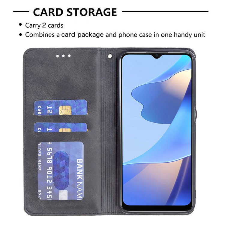 Magnetic Closure Card Holder Vintage Rhombus-Like Imprinting Drop-proof Leather Stand Protective Case for Oppo A16 / A16s / A54s - Black