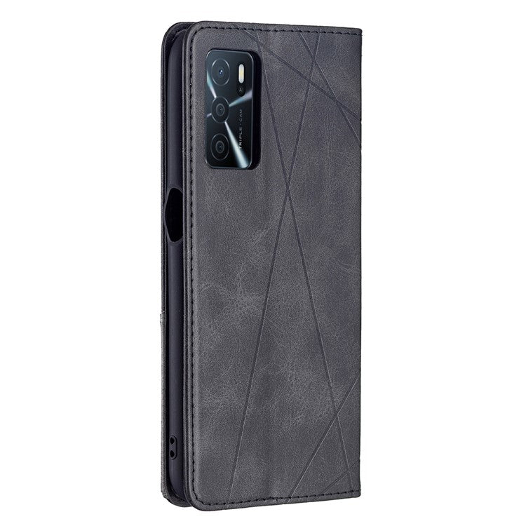 Magnetic Closure Card Holder Vintage Rhombus-Like Imprinting Drop-proof Leather Stand Protective Case for Oppo A16 / A16s / A54s - Black