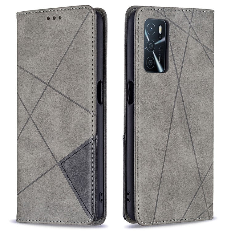 Magnetic Closure Card Holder Vintage Rhombus-Like Imprinting Drop-proof Leather Stand Protective Case for Oppo A16 / A16s / A54s - Grey