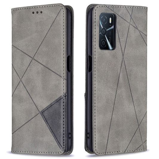 Magnetic Closure Card Holder Vintage Rhombus-Like Imprinting Drop-proof Leather Stand Protective Case for Oppo A16 / A16s / A54s - Grey