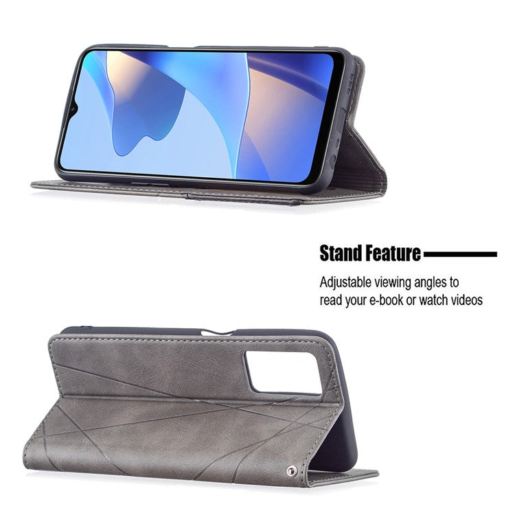 Magnetic Closure Card Holder Vintage Rhombus-Like Imprinting Drop-proof Leather Stand Protective Case for Oppo A16 / A16s / A54s - Grey