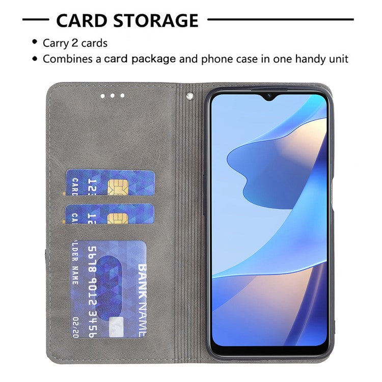 Magnetic Closure Card Holder Vintage Rhombus-Like Imprinting Drop-proof Leather Stand Protective Case for Oppo A16 / A16s / A54s - Grey