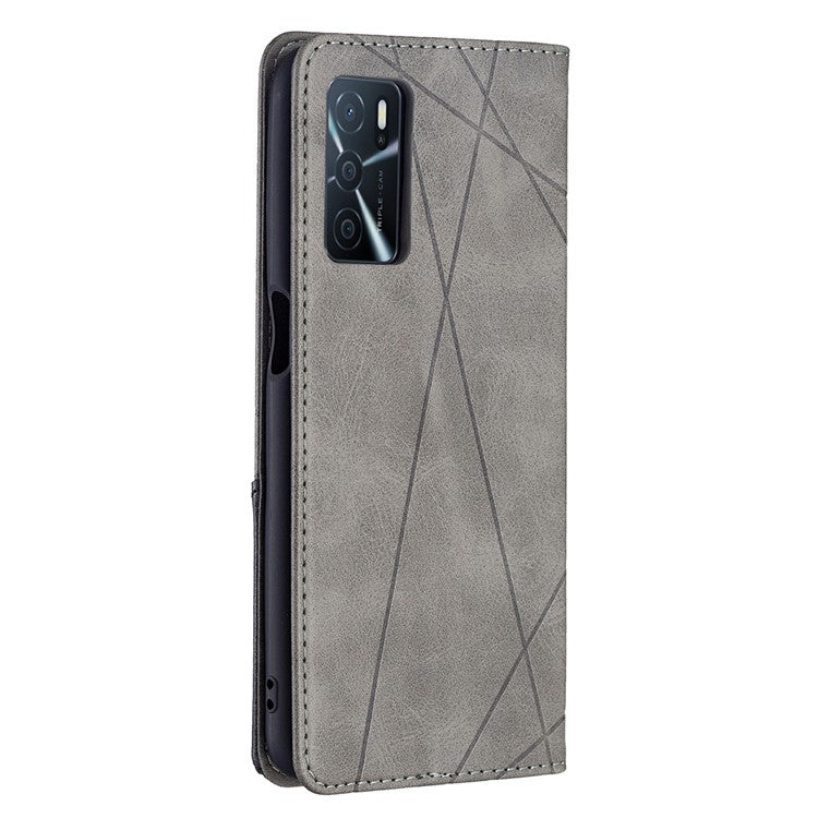 Magnetic Closure Card Holder Vintage Rhombus-Like Imprinting Drop-proof Leather Stand Protective Case for Oppo A16 / A16s / A54s - Grey