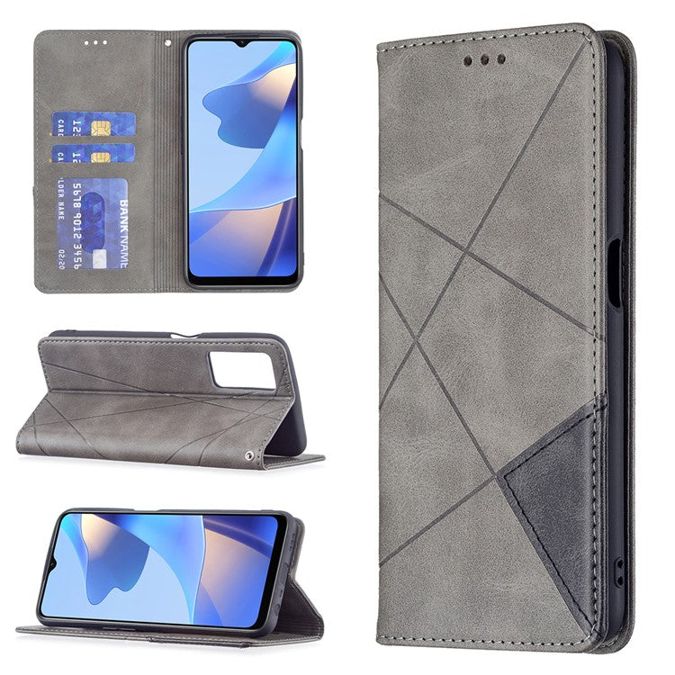 Magnetic Closure Card Holder Vintage Rhombus-Like Imprinting Drop-proof Leather Stand Protective Case for Oppo A16 / A16s / A54s - Grey