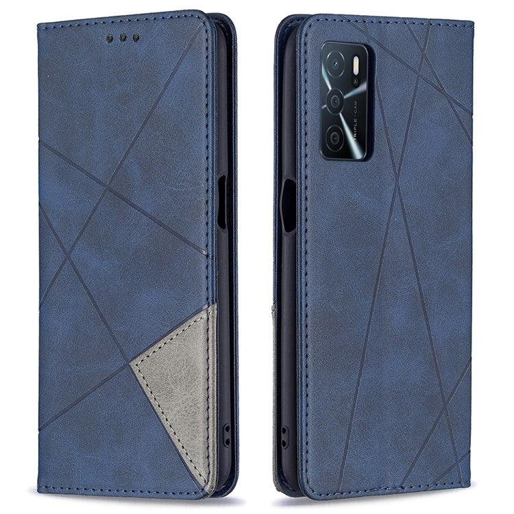Magnetic Closure Card Holder Vintage Rhombus-Like Imprinting Drop-proof Leather Stand Protective Case for Oppo A16 / A16s / A54s - Blue