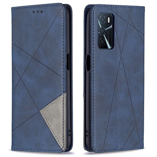 Magnetic Closure Card Holder Vintage Rhombus-Like Imprinting Drop-proof Leather Stand Protective Case for Oppo A16 / A16s / A54s - Blue