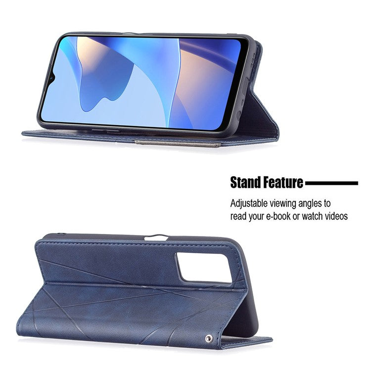 Magnetic Closure Card Holder Vintage Rhombus-Like Imprinting Drop-proof Leather Stand Protective Case for Oppo A16 / A16s / A54s - Blue