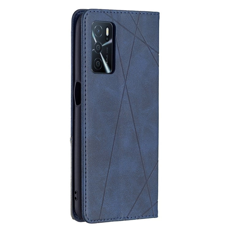 Magnetic Closure Card Holder Vintage Rhombus-Like Imprinting Drop-proof Leather Stand Protective Case for Oppo A16 / A16s / A54s - Blue