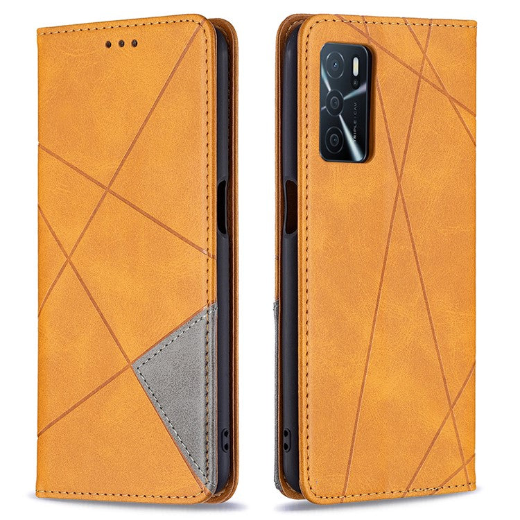 Magnetic Closure Card Holder Vintage Rhombus-Like Imprinting Drop-proof Leather Stand Protective Case for Oppo A16 / A16s / A54s - Yellow