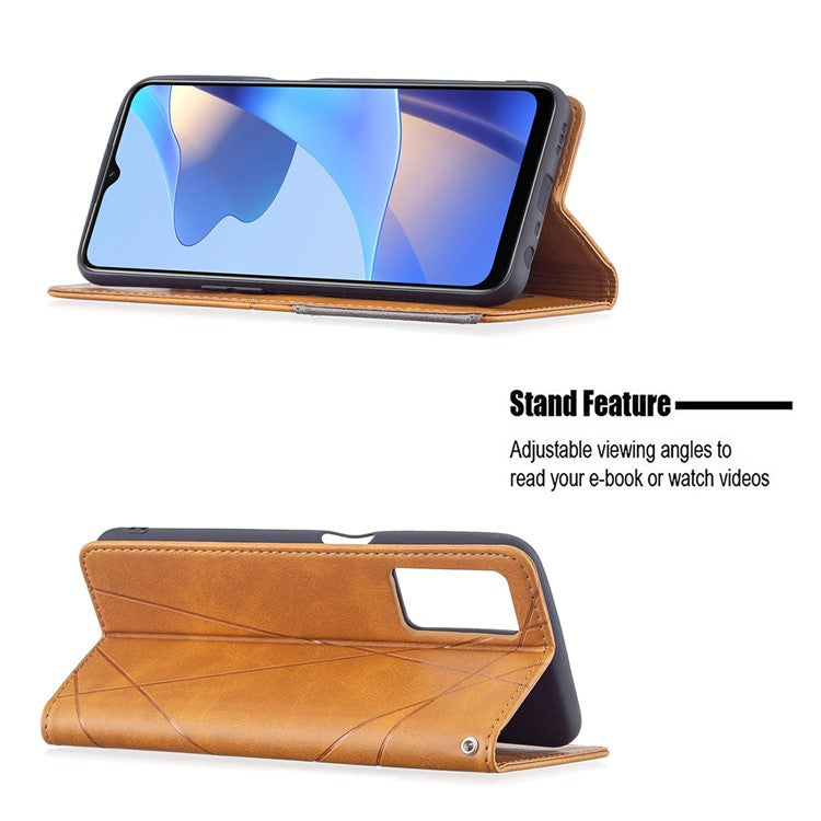 Magnetic Closure Card Holder Vintage Rhombus-Like Imprinting Drop-proof Leather Stand Protective Case for Oppo A16 / A16s / A54s - Yellow