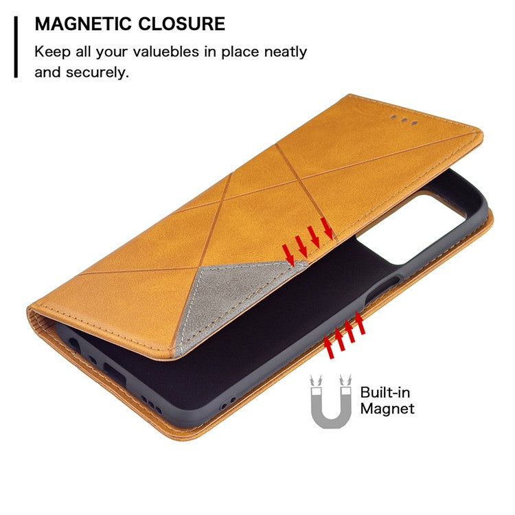 Magnetic Closure Card Holder Vintage Rhombus-Like Imprinting Drop-proof Leather Stand Protective Case for Oppo A16 / A16s / A54s - Yellow