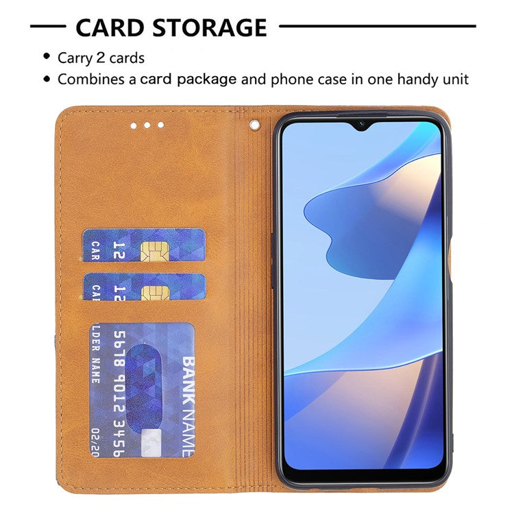 Magnetic Closure Card Holder Vintage Rhombus-Like Imprinting Drop-proof Leather Stand Protective Case for Oppo A16 / A16s / A54s - Yellow