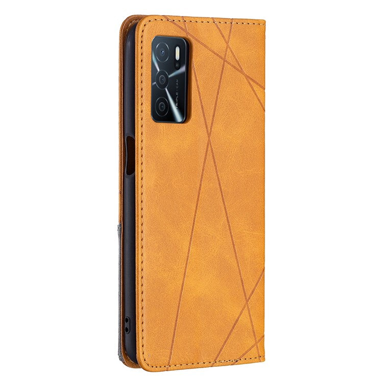 Magnetic Closure Card Holder Vintage Rhombus-Like Imprinting Drop-proof Leather Stand Protective Case for Oppo A16 / A16s / A54s - Yellow