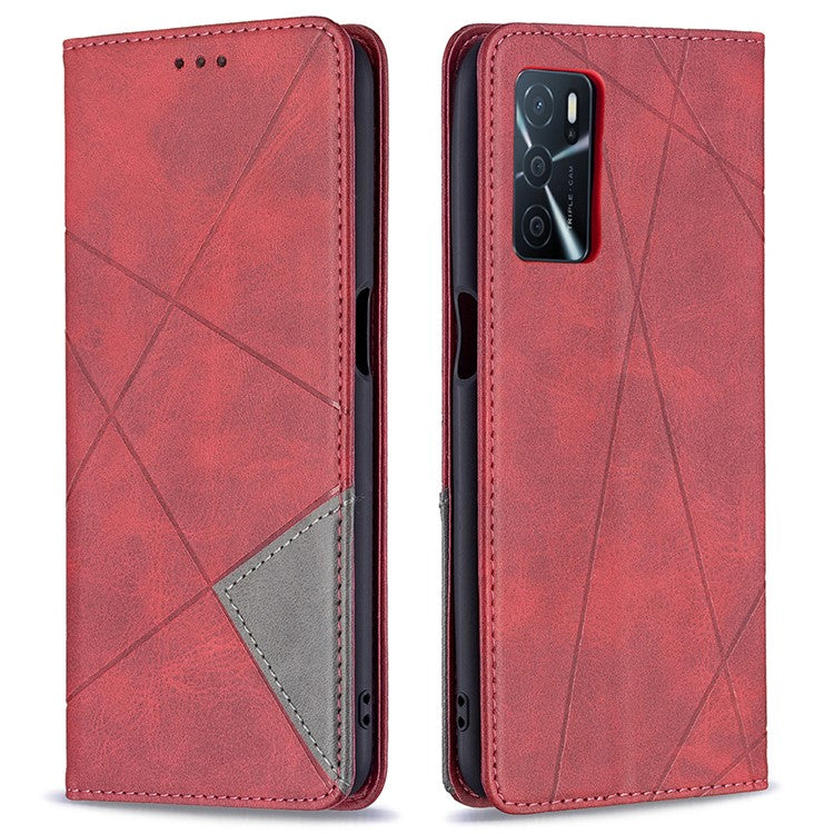 Magnetic Closure Card Holder Vintage Rhombus-Like Imprinting Drop-proof Leather Stand Protective Case for Oppo A16 / A16s / A54s - Red