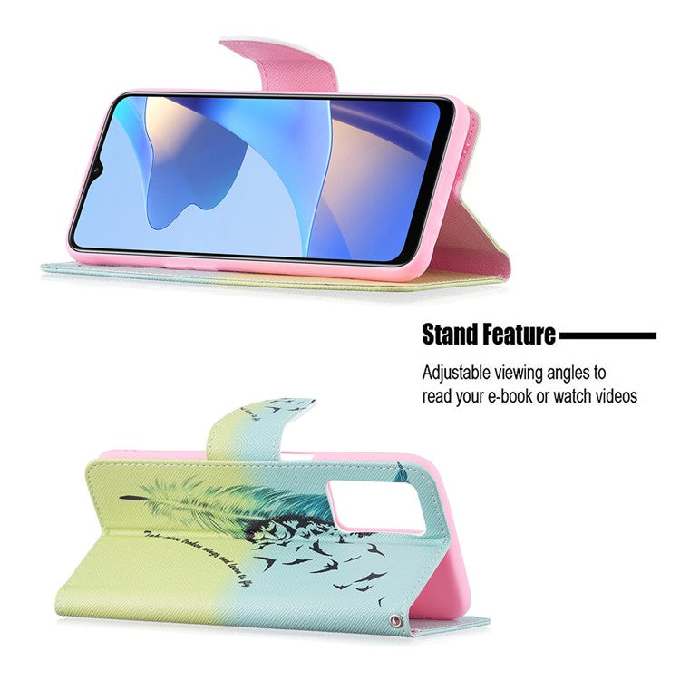 Pattern Printing Premium PU Leather Wallet Stand Flip Protective Cover with Magnetic Closure for Oppo A16/A16s/A54s - Feather and Birds