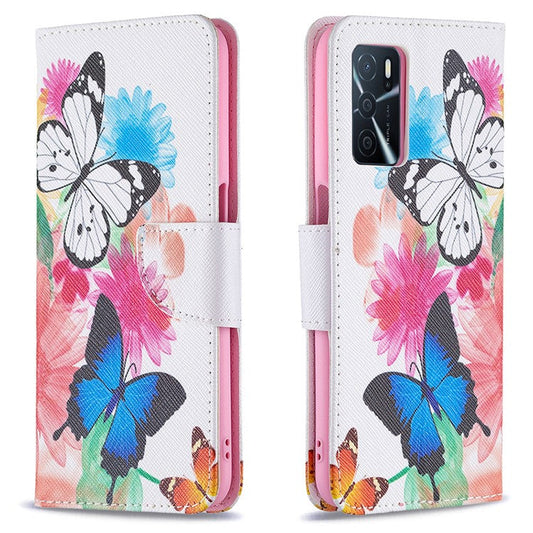 Pattern Printing Premium PU Leather Wallet Stand Flip Protective Cover with Magnetic Closure for Oppo A16/A16s/A54s - Two Butterflies