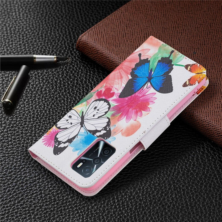 Pattern Printing Premium PU Leather Wallet Stand Flip Protective Cover with Magnetic Closure for Oppo A16/A16s/A54s - Two Butterflies