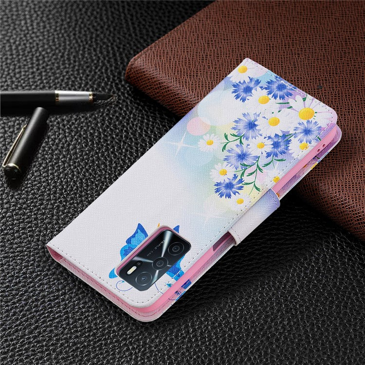 Pattern Printing Premium PU Leather Wallet Stand Flip Protective Cover with Magnetic Closure for Oppo A16/A16s/A54s - Butterflies and Flowers
