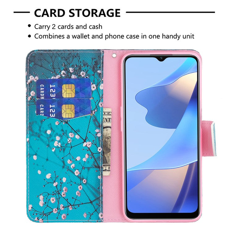 Pattern Printing Premium PU Leather Wallet Stand Flip Protective Cover with Magnetic Closure for Oppo A16/A16s/A54s - Plum Blossom