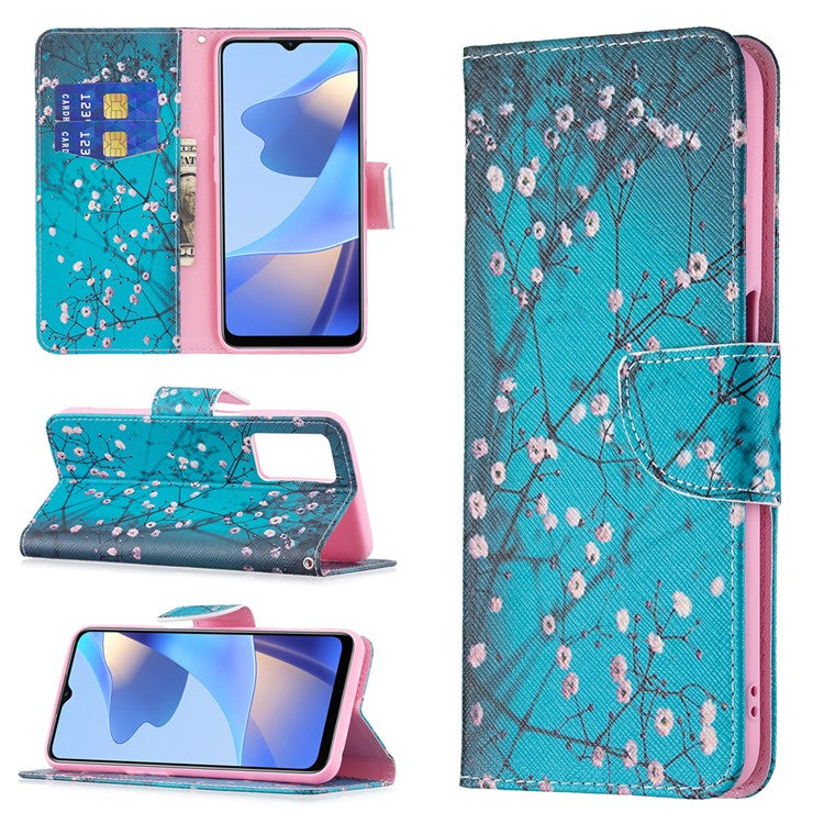 Pattern Printing Premium PU Leather Wallet Stand Flip Protective Cover with Magnetic Closure for Oppo A16/A16s/A54s - Plum Blossom