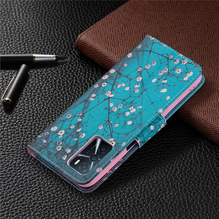 Pattern Printing Premium PU Leather Wallet Stand Flip Protective Cover with Magnetic Closure for Oppo A16/A16s/A54s - Plum Blossom