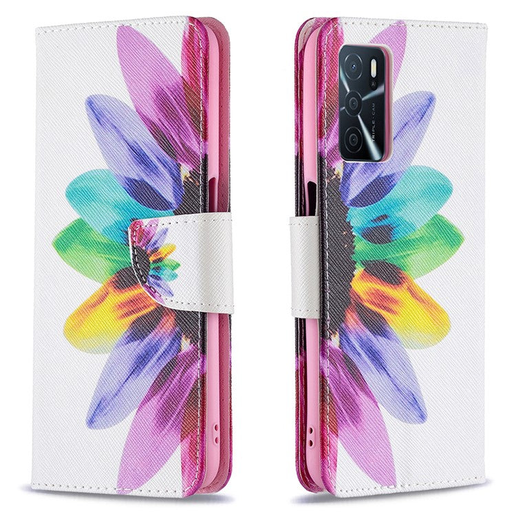Pattern Printing Premium PU Leather Wallet Stand Flip Protective Cover with Magnetic Closure for Oppo A16/A16s/A54s - Sunflower
