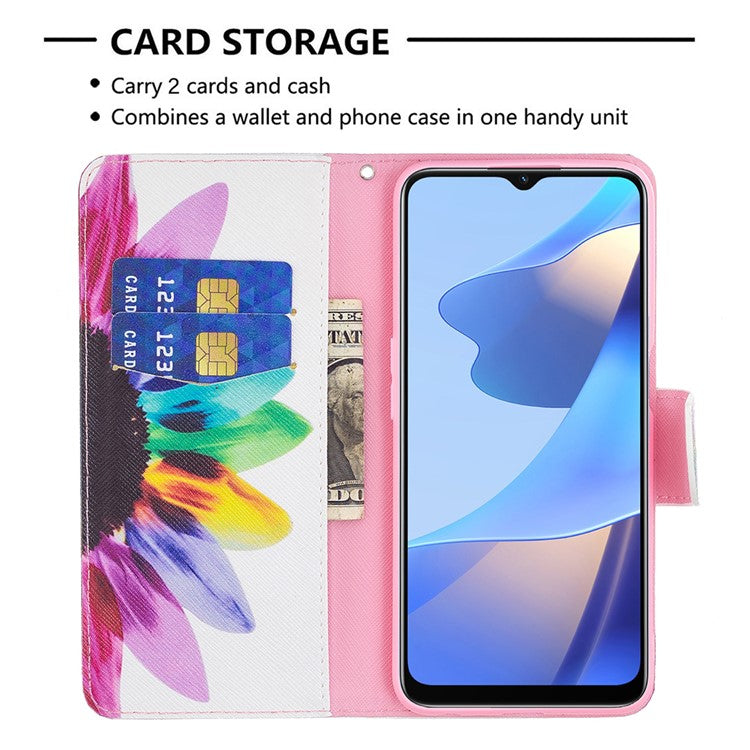 Pattern Printing Premium PU Leather Wallet Stand Flip Protective Cover with Magnetic Closure for Oppo A16/A16s/A54s - Sunflower