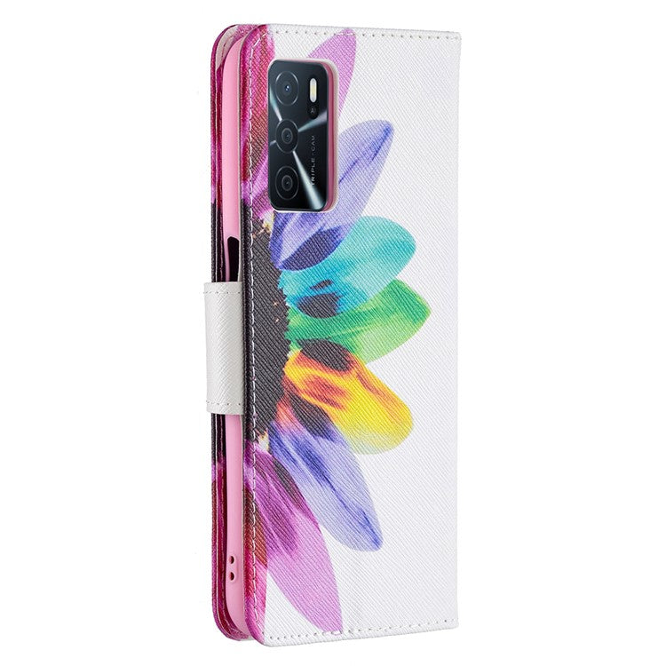 Pattern Printing Premium PU Leather Wallet Stand Flip Protective Cover with Magnetic Closure for Oppo A16/A16s/A54s - Sunflower