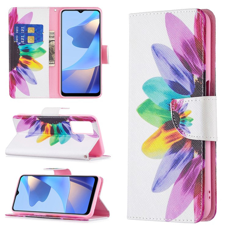 Pattern Printing Premium PU Leather Wallet Stand Flip Protective Cover with Magnetic Closure for Oppo A16/A16s/A54s - Sunflower