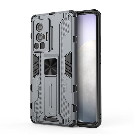 Vertical and Horizontal Kickstand Hard PC + Soft TPU Dual Layer Protection Phone Case for vivo X70 Pro - Grey