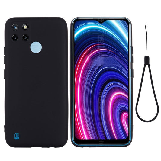 Soft Liquid Silicone Slim Protective Shockproof Case with Strap for Realme C21Y (Global Version) - Black