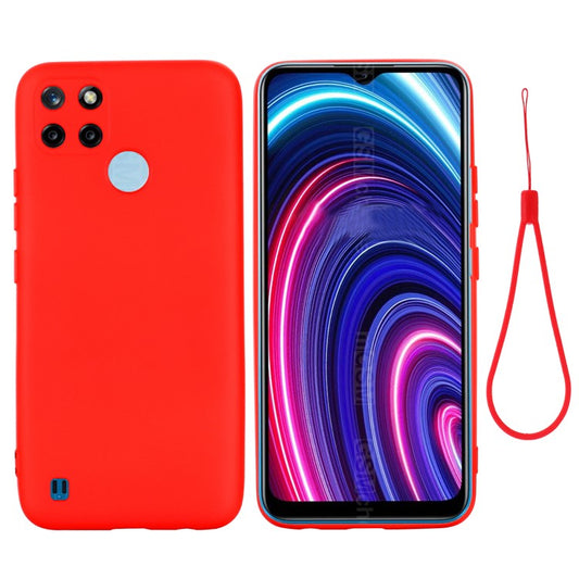 Soft Liquid Silicone Slim Protective Shockproof Case with Strap for Realme C21Y (Global Version) - Red