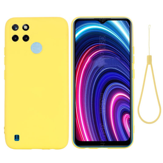 Soft Liquid Silicone Slim Protective Shockproof Case with Strap for Realme C21Y (Global Version) - Yellow