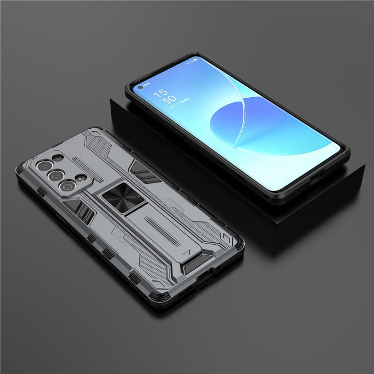 Kickstand Design Hard PC Back + Soft TPU Bumper Bumper Drop Proof Protective Case for Oppo Reno6 Pro+ 5G - Grey