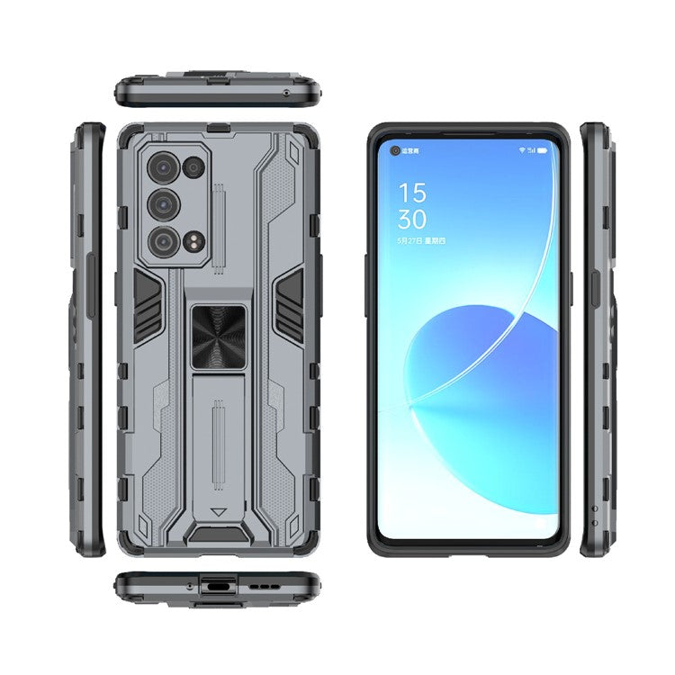 Kickstand Design Hard PC Back + Soft TPU Bumper Bumper Drop Proof Protective Case for Oppo Reno6 Pro+ 5G - Grey
