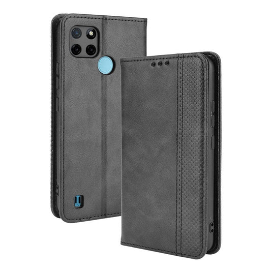 Imprinting Pattern Vintage Style Strong Magnet Phone Wallet Stand Case Leather Cover for Realme C21Y - Black