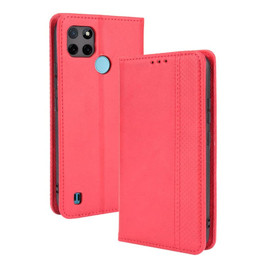 Imprinting Pattern Vintage Style Strong Magnet Phone Wallet Stand Case Leather Cover for Realme C21Y - Red