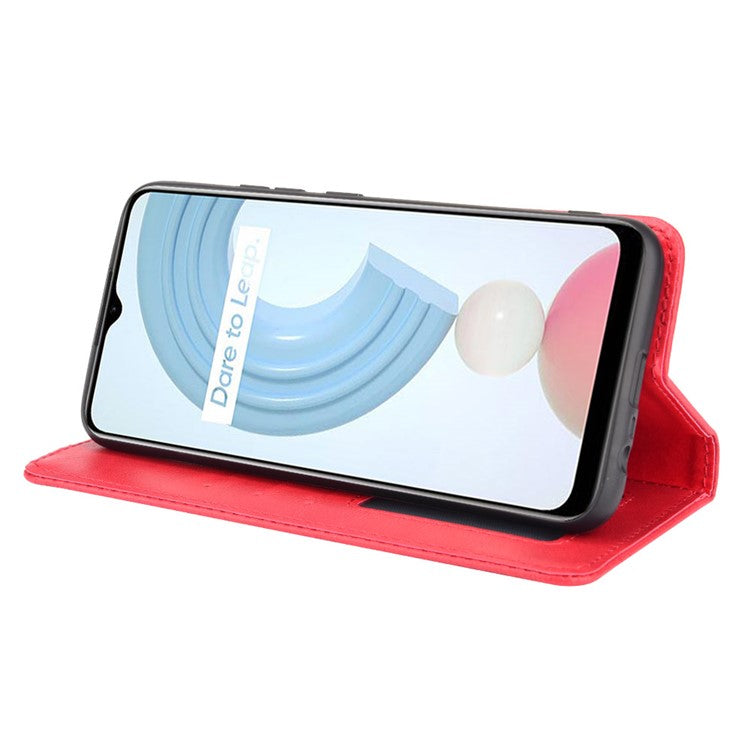 Imprinting Pattern Vintage Style Strong Magnet Phone Wallet Stand Case Leather Cover for Realme C21Y - Red
