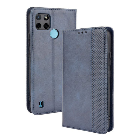 Imprinting Pattern Vintage Style Strong Magnet Phone Wallet Stand Case Leather Cover for Realme C21Y - Blue