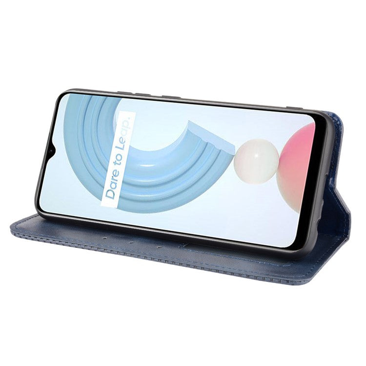Imprinting Pattern Vintage Style Strong Magnet Phone Wallet Stand Case Leather Cover for Realme C21Y - Blue