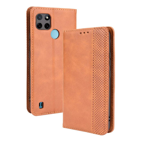 Imprinting Pattern Vintage Style Strong Magnet Phone Wallet Stand Case Leather Cover for Realme C21Y - Brown
