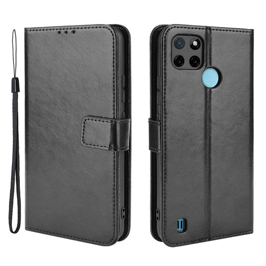 Crazy Horse PU Leather + TPU Wallet Card Slots Protective Cellphone Shell with Stand for Realme C21Y - Black
